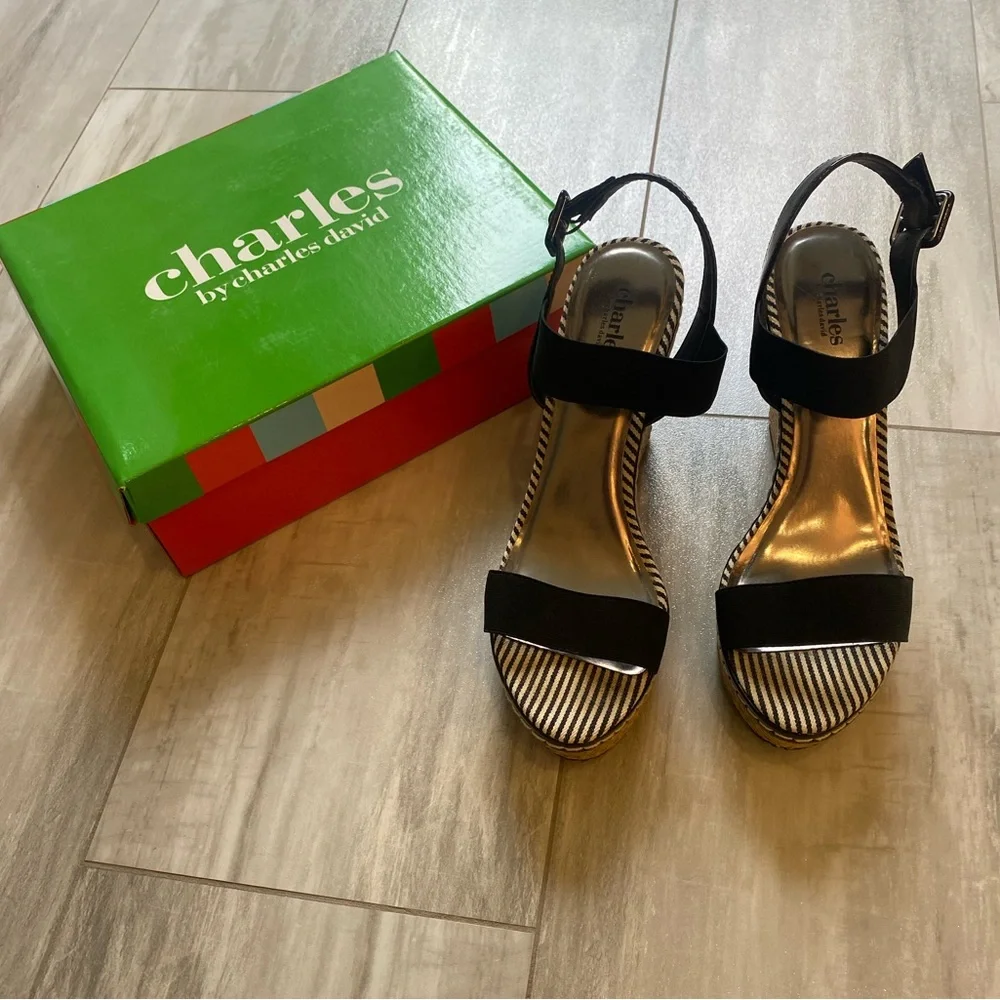 Charles by Charles David Straw Woven Wedges with Black Straps, women’s 10